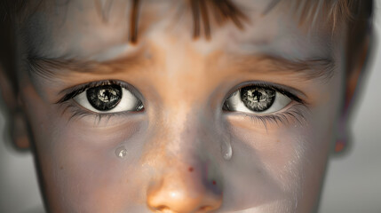 Fototapeta premium Little boy's eyes close up with a tear