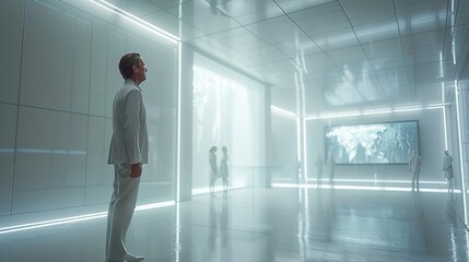 A business man is using a few screen to presenting , high technology, white and minimalist, futuristic. Generative AI.