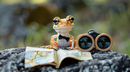 Fashionable amphibian on a rocky outcrop, armed with binoculars and a map, with plenty of copyspace