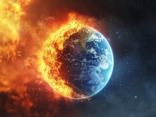 The image shows a planet on fire. The planet is surrounded by flames. The image is a warning about the dangers of climate change. - obrazy, fototapety, plakaty