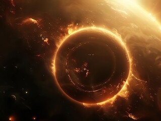 The image shows a planet on fire. The planet is surrounded by a ring of fire. The planet is in the middle of a solar system. - obrazy, fototapety, plakaty