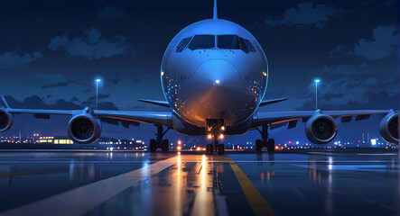 Fototapeta premium Front view of an airplane or aero plane running on the runway in night time, flight plane, 