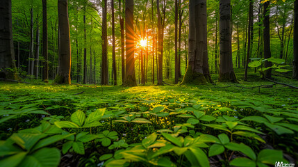 The sun is shining through the trees in a forest.