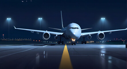 Front view of an airplane or aero plane running on the runway in night time, flight plane, 