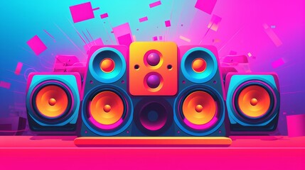 The image is of a speaker. It is blue and orange. There is a pink background with colorful confetti falling.