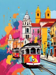 Splash Colors Colorful and Modern city Lisbon with sights - vector. Portugal Lisbon retro city poster with abstract shapes of landmarks, street and trams. 