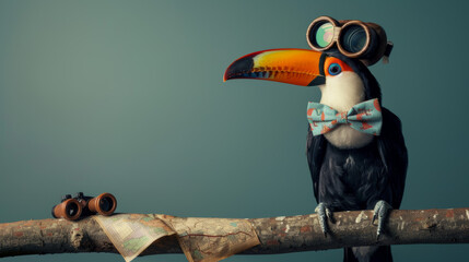Naklejka premium Toucan in a bow tie and glasses, perched on a branch, with a pair of binoculars and a map, strong image with a high-key lighting, copyspace