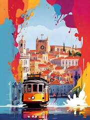 Splash Colors Colorful and Modern city Lisbon with sights - vector. Portugal Lisbon retro city poster with abstract shapes of landmarks, street and trams. 