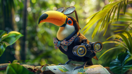 Naklejka premium Toucan in a bow tie and glasses, perched on a branch, with a pair of binoculars and a map
