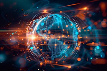 Fototapeta premium Holographic World Globe Digital Background - Global Connectivity Illustration - Blue and Orange
