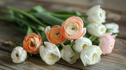 A wedding bouquet consisting of white and orange  roses is separated and placed against a white backdrop.
