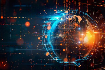 Obraz premium Holographic World Globe Digital Background - Global Connectivity Illustration - Blue and Orange