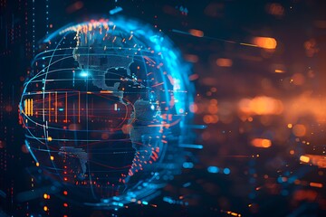 Fototapeta premium Holographic World Globe Digital Background - Global Connectivity Illustration - Blue and Orange