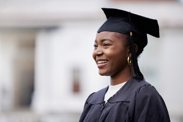 Black girl, smile and student for graduation in outdoor, confident and college or education achievement. Female person, pride and happy for learning award, celebrate and campus ceremony at university