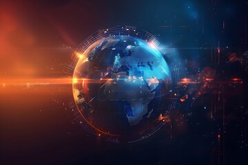Obraz premium Holographic World Globe Digital Background - Global Connectivity Illustration - Blue and Orange