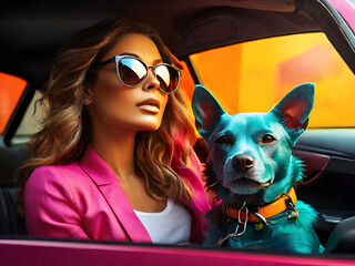 Splash Colors Colorful - Modern Woman with sunglasses and dog. Pop art.

