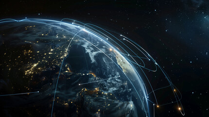 Global Digital Network with Light Trails over Earth from Space View