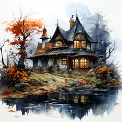 Cabin in the Wood, Cartoon Illustration, Generative AI