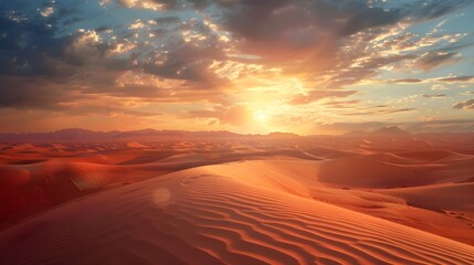 sunset over the desert, sand dunes, clouds and sun