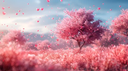 Pink Cherry Blossoms Spring Upward as HeartShaped Petals in a Peaceful Blue Sky