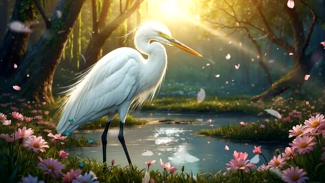 illustration of a white stork on a flower background river