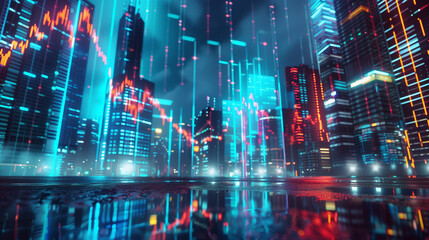 Futuristic Cityscape with Vibrant Financial Graphs Overlay, Concept of Economic Dynamics