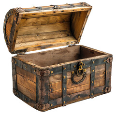An open wooden treasure chest with metal hardware.
