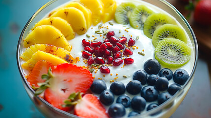 blog post of a fruit bowl, yogurt in the middle, sliced mango, pineapple circles, kiwi, strawberries,