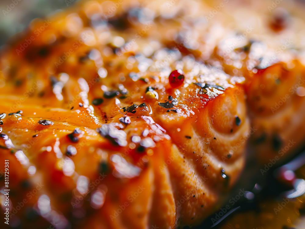 Wall mural a close up of salmon with spices and sauce.