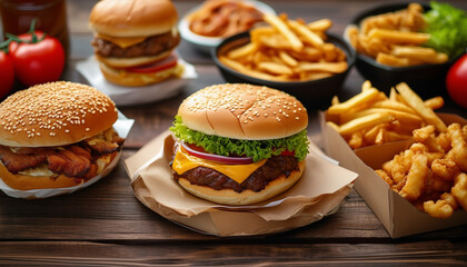 Top view of various unhealthy fast foods on a wooden table, copy space for text  