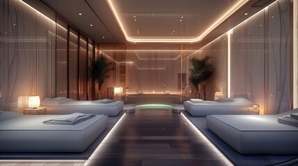Obraz premium An elegant, minimalist spa with a very luxurious atmosphere. Massage beds with ergonomic design and soft lighting. Generative AI.