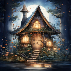 Fototapeta premium Cabin in the Wood, Cartoon Illustration, Generative AI