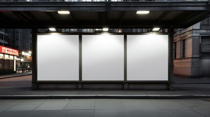Large 3 blank square size advertising billboard on a street wall, mockup banner.