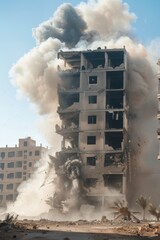 War zone hit by missile strike damaging a building
