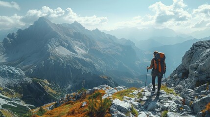 Obraz premium A hikers traversing a steep mountain pass, the rocky terrain and sweeping vistas creating an unforgettable outdoor adventure, copy space. Generative AI.