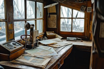 Interior of an old sailor seafaring ship, strewn with maps and equipment in cavin , AI-generated