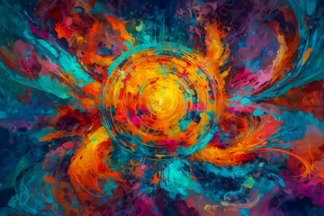 abstract painting, swirling organic shapes, intricate patterns, glossy textures and bright neon colors in an unusual composition