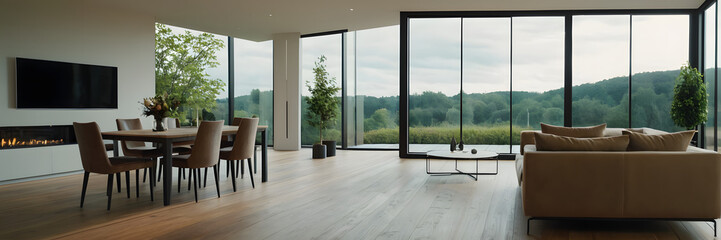 Modern empty living and dining room interior design and garden view