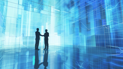 Two Businessmen Shaking Hands in a Virtual Reality Environment, Digital Business Concept