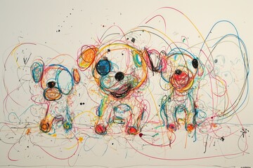The hand drawing colourful picture of the group of the various type of the dog that has been drawn by the colored pencil or crayon on the white background that seem to be drawn by the child. AIGX01.
