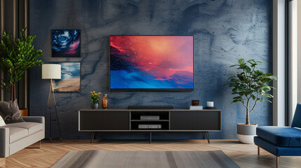 A contemporary TV lounge with a minimalist TV stand and a statement piece of artwork.