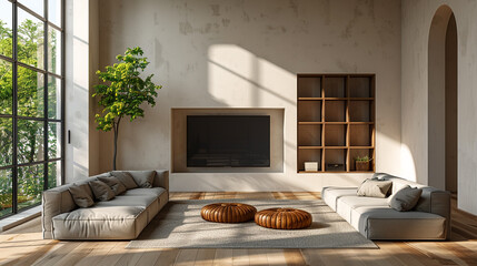 A minimalist TV lounge with a recessed TV niche and a comfortable sectional sofa.