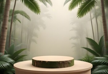 Obraz premium Photo concrete wooden podium in the tropical forest for product presentation and green tree background