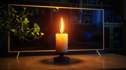 A TV screen displaying a single, flickering candle flame, creating a cozy atmosphere.