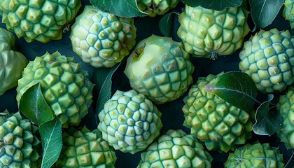 Fototapeta premium Custard apple or Noni fruit with green leaf background.