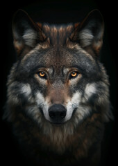Fototapeta premium Close-up of a wolf's face against a dark background
