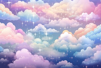 Background from magical fairy-tale gentle rainbow clouds with stars. For design of holiday invitations and cards.