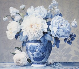 White peonies in a ceramic vase with a blue pattern