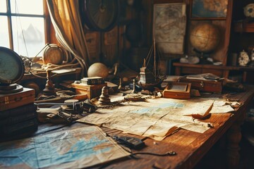 Interior of an old sailor seafaring ship, strewn with maps and equipment in cavin , AI-generated