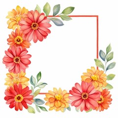 zinnia themed frame or border for photos and text. bold and vibrant colors. watercolor illustration, flowers frame, botanical border, An illustration for printing design, textile.
